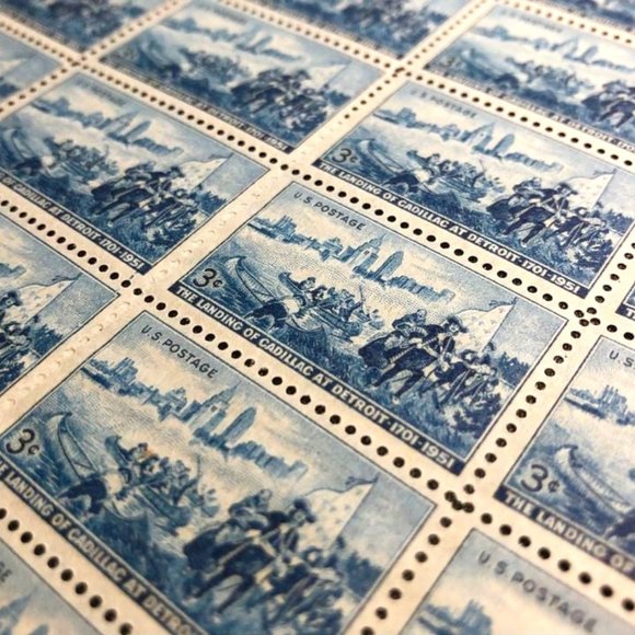 1951 Landing at Cadillac, Michigan, Postage Stamp Sheet, Vintage Unused USA #100 - Picture 1 of 4